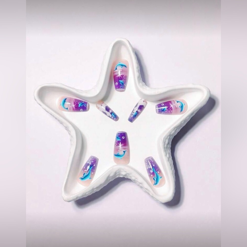Leaping Dolphins Coffin Nail Kit, Blue, Purple, Press-On Nails, New - Picture 2 of 6